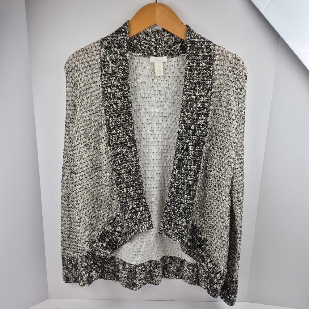 Chico's Open Front Cardigan Womens 2 Marled Black White Lightweight Draped Knit